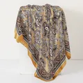 Retro paisley print silk satin square scarf 90x90cm in gold and brown for women - 90x90cm / Gold Yellow