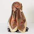 90x90cm retro paisley and leopard print satin square headscarf in brown and gold - 90x90cm / Beige