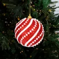 Red and white glitter Christmas ball ornament with pearl details on a festive tree - Diagonal Stripe Foam Ball Style A