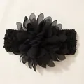 Detail view of baby elastic headband with a large multi-layered black chiffon flower ornament - Black