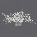 Elegant silver bridal hair comb featuring delicate pearls and crystal flower accents - Artificial Pearl Branch & Leaf Style (HS-J6082)