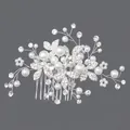 Elegant silver tone bridal hair comb featuring white pearls and floral crystal accents - Ethereal Mori Style Artificial Pearl Hair Comb (HS-J2590A)