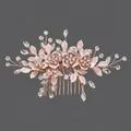 Elegant rose gold floral hair comb with clear crystals for bridal updo hairstyles - Floral Branch & Leaf Hair Comb Rose Gold (HS-J4793RG)