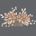 Elegant gold crystal floral hair comb featuring sparkling rhinestones for bridal hairstyling - Floral Branch & Leaf Hair Comb Gold (HS-J4793G)