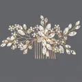 Elegant forest style gold hair comb featuring crystal petals and white pearls for styling - Daily Versatile Hair Comb Style (HS-J6435G)