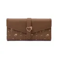 Detailed view of brown PU leather tri-fold long wallet with floral print and heart buckle - Brown