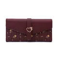 Burgundy PU leather long wallet featuring a gold heart buckle and delicate floral patterns. - Burgundy