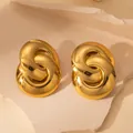 Luxury chunky gold-plated interlocking double hoop stud earrings in titanium steel - Large Polished Round Disc (E0718)