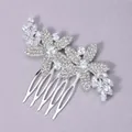 Elegante pettine da sposa in argento con intricati motivi floreali e foglie in strass - Foglia Floreale Retrò (HS-J6875S)