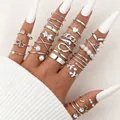 Set di 21 anelli da nocca argentati di tendenza con motivi a farfalla, cuore e foglie - Stile misto farfalla argento (5726002HB)