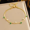 Gold-plated wavy stainless steel bracelet with green and white cubic zirconia gemstones. - Green and White Rhinestone Wave Chain (B2047) / Gold