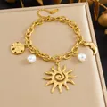 Gold-plated stainless steel charm bracelet featuring celestial sun moon and pearls - Sun Moon Starfish Pearl Style (B2048) / Gold
