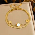 Elegant double-layer gold plated stainless steel bracelet with white flower charms - Double Snake Chain White Flower (B2052) / Gold