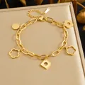 Gold-plated stainless steel bracelet featuring hollow flower and square geometric charms - Chunky Chain Multi Geometric Pendant (B2053) / Gold