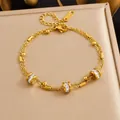 Elegant gold-plated stainless steel multi-layer bracelet with sparkling crystal beads - Double Layer Fine Chain Cylindrical Bead (B2063) / Gold