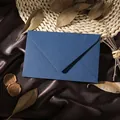 Macro detail of navy blue linen textured envelope on brown silk with rustic props - 1pc Linen Blue Envelope / Blue