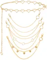 Detailansicht eines sechsteiligen goldenen Körperkettensets mit Herz- und Ringanhängern - Herz-Stil / 5-teiliges Set / Gold