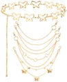 Set aus sechs goldenen Metall-Körperketten mit zarten Schmetterlingsanhängern und Ringen - Schmetterling Design / 5-teiliges Set / Gold