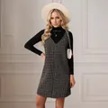 Elegant grey tweed houndstooth sleeveless V-neck pinafore dress for autumn and spring - S / Tops / Brown