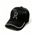 Detailed close-up of a black mercerized baseball cap with rhinestone letter R and brim trim. - Adult, Hat Circumference 58cm Adjustable / Letter R Style / Black