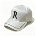 White mercerized baseball cap featuring a black rhinestone R and crystal brim detail - Adult, Hat Circumference 58cm Adjustable / Letter R Style / White