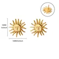 Detailed view of sun face gold stud earrings with size measurements in mm and inches - Sun Face Relief Style (G126077) / Gold