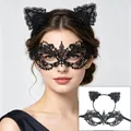 Elegant black lace masquerade mask and matching cat ear headband set for women - Headband + Small Pointed Mask