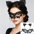 Close-up of elegant black lace masquerade mask and cat ear headband set for women. - Headband + Floral Fox Mask