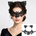 Close-up of elegant black lace bat mask and cat ear headband set for Halloween parties - Headband + Bat Mask