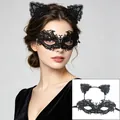 Detailed view of the elegant black lace masquerade mask and cat ear headband set for women - Headband + Phoenix Flame Mask