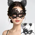 Detailed view of elegant black lace cat ear headband and half-face masquerade mask set - Headband + Phoenix Mask