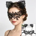 Elegant black lace cat ear headband and matching masquerade mask set for Halloween parties - Headband + Small Butterfly Mask
