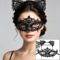 Detailed view of sexy black lace cat ear headband and half-face masquerade mask set. - Headband + Sword Point Mask