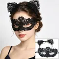Detailed view of sexy black lace cat ear headband and masquerade mask set on model - Headband + Floral Core Mask