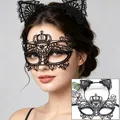 Close-up of the elegant black lace masquerade mask and matching cat ear headband set - Headband + Crown Mask