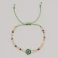 Handmade colorful rice bead bracelet with green flower charm and adjustable cord - Petal Pendant Style (MI-B220498D) / Green Rope Multicolor Seed Beads