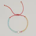 Handmade adjustable beaded bracelet with blue and gold seed beads and a white pearl - Red Rope Pearl Decor Style (MI-B220499D) / Red Rope Blue and Gold