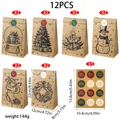 12-piece Christmas kraft paper gift bag set with festive stickers and product dimensions - SD6003# (12 Pieces/Pack With Stickers)