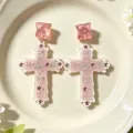 Niche vintage design pink cross earrings with glitter star patterns and sweet dream text - Pink Graffiti Cross Style (2608051)