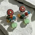 Vintage multi-colored bead drop earrings with a detailed red enamel flower motif - Red Flower Crystal Beaded Earrings (2608055) / Red/Multicolor