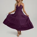 Modelo con elegante vestido largo de tirantes morado sobre fondo de estudio gris - 3XL / Tops / Púrpura