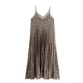 Elegant brown pleated camisole dress with blue polka dots and a flowing silhouette - S / Coffee