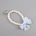 Elegant pet pearl collar necklace with light blue checkered bow for cats and small dogs - One Size / Pearl Blue Bow