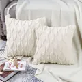Cream white plush quilted throw pillowcase with geometric embroidery displayed on a cozy sofa - 45x45cm / Beige Square