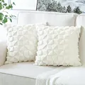 Close-up view of elegant white plush quilted throw pillow covers on a beige sofa - 45x45cm / White Windmill
