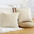 Pair of cream white long plush quilted pillowcases for sofa and bay window home decor - 45x45cm / Cream Wide Stripe