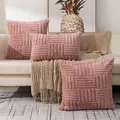 Minimalist pink plush quilted throw pillow cover with shaggy geometric stripe pattern - Five-Stripe Style / 45x45cm / Pink