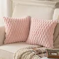 Soft pink plush quilted throw pillow covers with 3D honeycomb pattern for sofa decor - Honeycomb Pattern Style / 45x45cm / Pink
