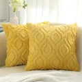 Luxury yellow shaggy plush quilted throw pillow cover with leaf pattern embroidery - 45x45cm / Yellow Pear