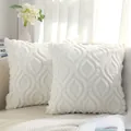 Elegant pair of white plush quilted pillow covers with delicate leaf embroidery patterns - 45x45cm / Cream Waterdrop